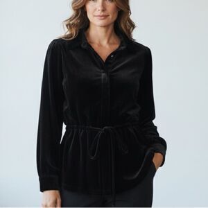 Black Velvet Button-Front Jacket • Silk Blend • Drawstring Waist • XL